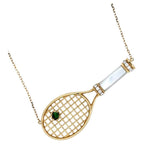 Diamond White Pearl Emerald 18 Karat Gold Tennis Racket Charm Pendant Necklace