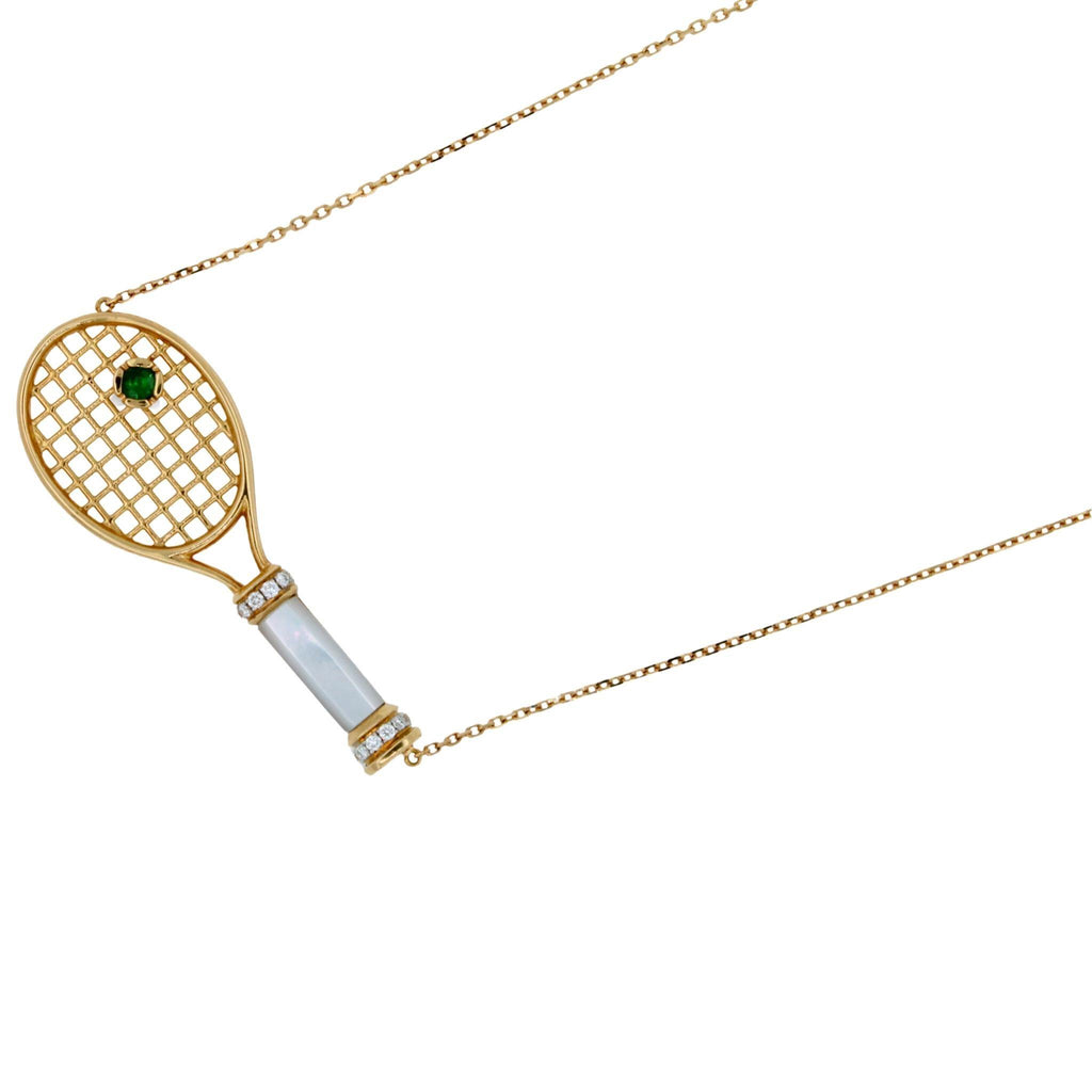 Diamond White Pearl Emerald 18 Karat Gold Tennis Racket Charm Pendant Necklace