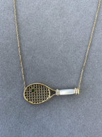 Diamond White Pearl Emerald 18 Karat Gold Tennis Racket Charm Pendant Necklace