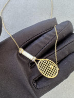 Diamond White Pearl Emerald 18 Karat Gold Tennis Racket Charm Pendant Necklace