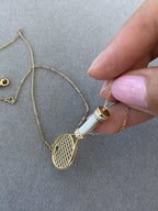 Diamond White Pearl Emerald 18 Karat Gold Tennis Racket Charm Pendant Necklace