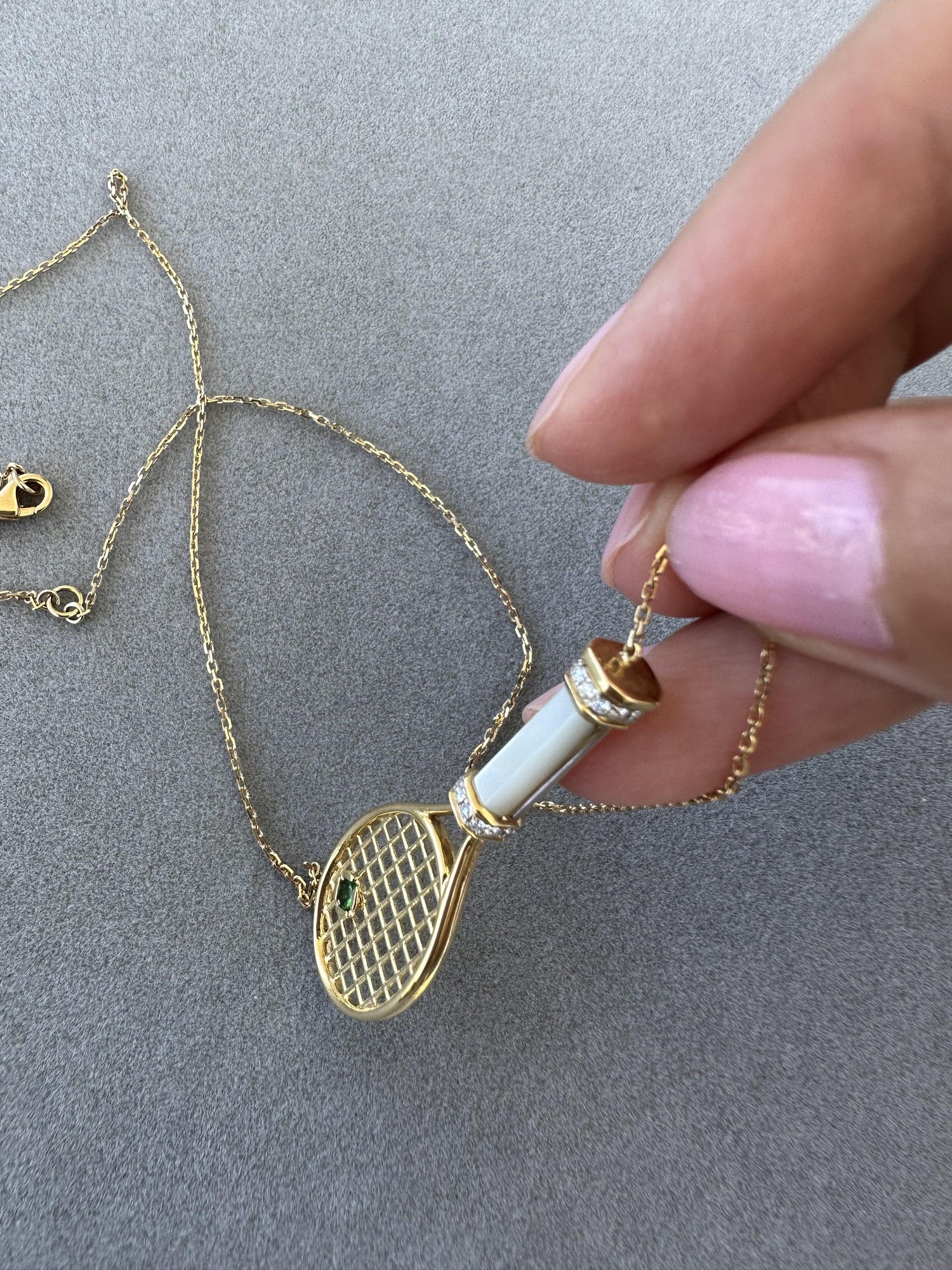 Diamond White Pearl Emerald 18 Karat Gold Tennis Racket Charm Pendant Necklace