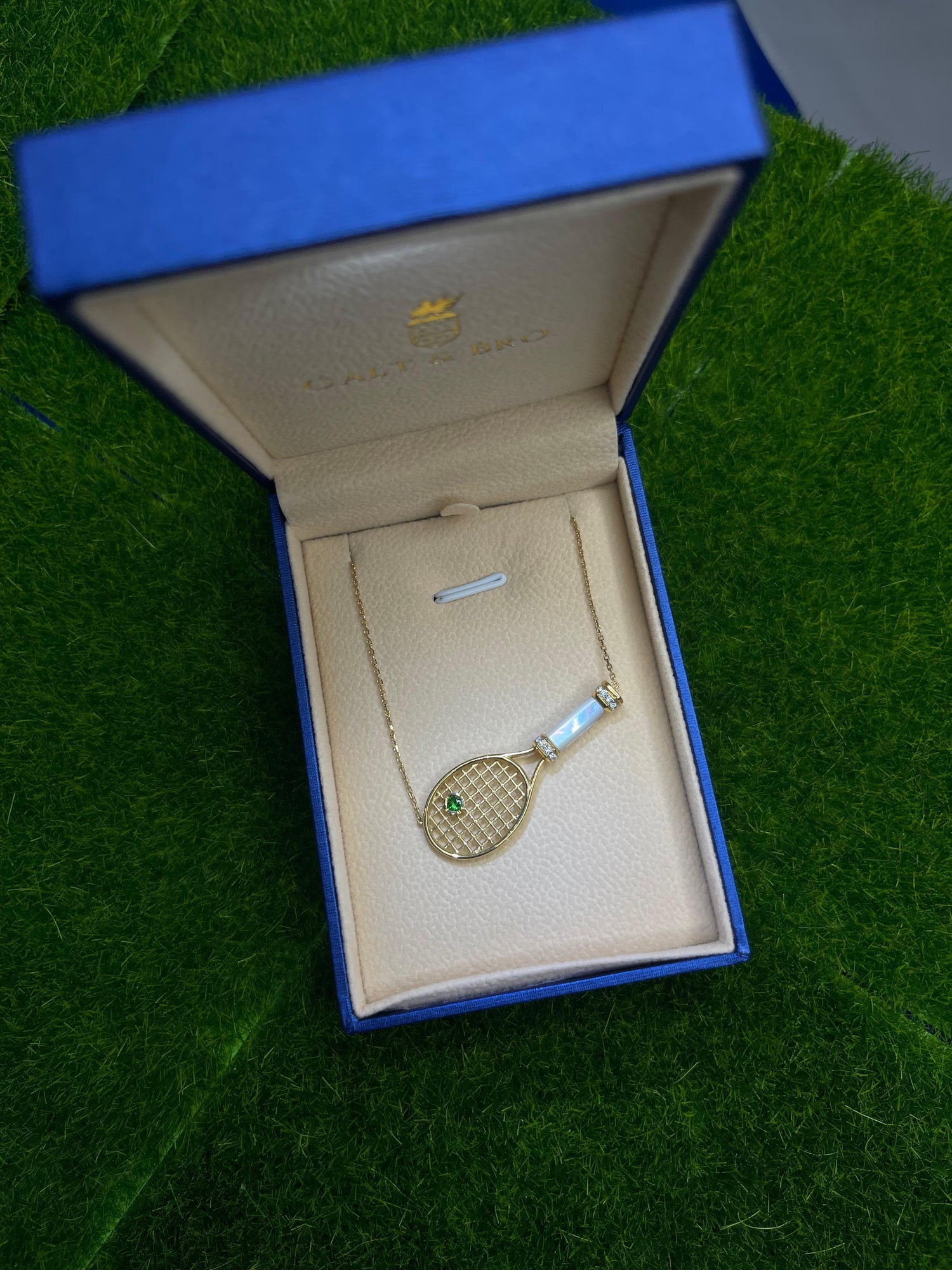 Diamond White Pearl Emerald 18 Karat Gold Tennis Racket Charm Pendant Necklace