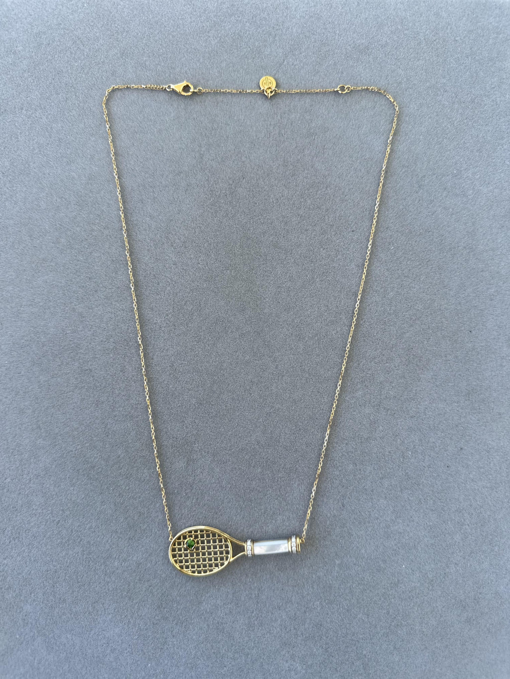 Diamond White Pearl Emerald 18 Karat Gold Tennis Racket Charm Pendant Necklace