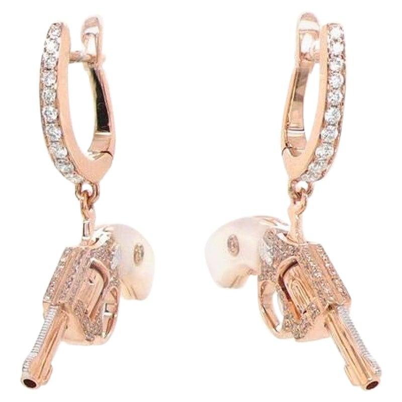 Diamond White Pearl Gun Revolver 18 Karat Rose Gold Huggie Pave Drop Earrings