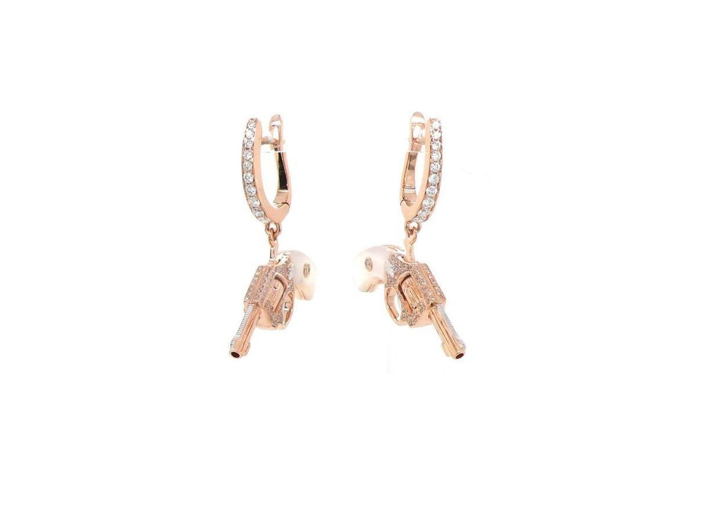 Diamond White Pearl Gun Revolver 18 Karat Rose Gold Huggie Pave Drop Earrings