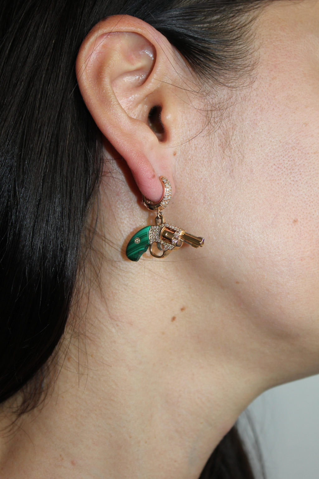 Diamond White Pearl Gun Revolver 18 Karat Rose Gold Huggie Pave Drop Earrings