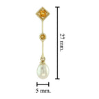 Natural White Oval Pearl & Blue Topaz Vintage Style Drop Dangle Gold Earrings