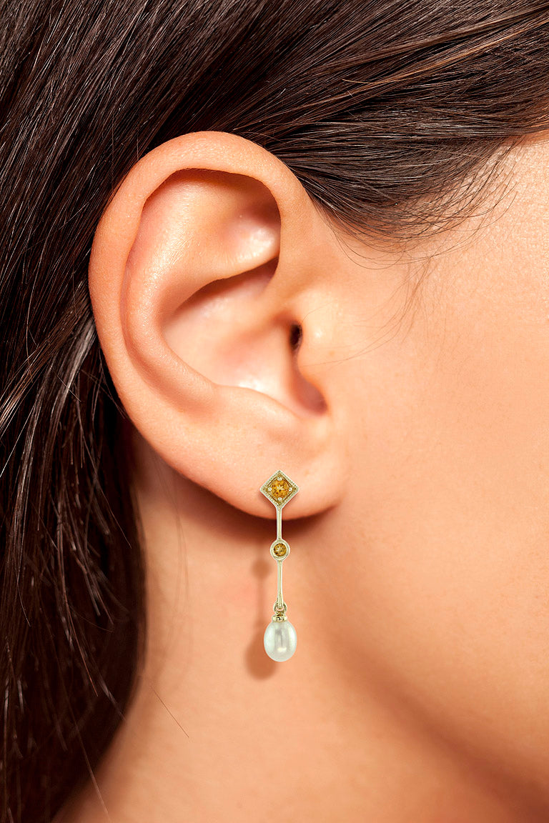 White Pearl & Orange Citrine Vintage Style Drop 14K Yellow Gold Dangle Earrings
