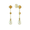 Natural White Oval Pearl & Blue Topaz Vintage Style Drop Dangle Gold Earrings