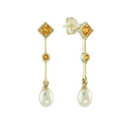 Natural White Oval Pearl & Blue Topaz Vintage Style Drop Dangle Gold Earrings