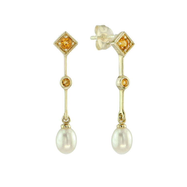 White Pearl & Orange Citrine Vintage Style Drop 14K Yellow Gold Dangle Earrings