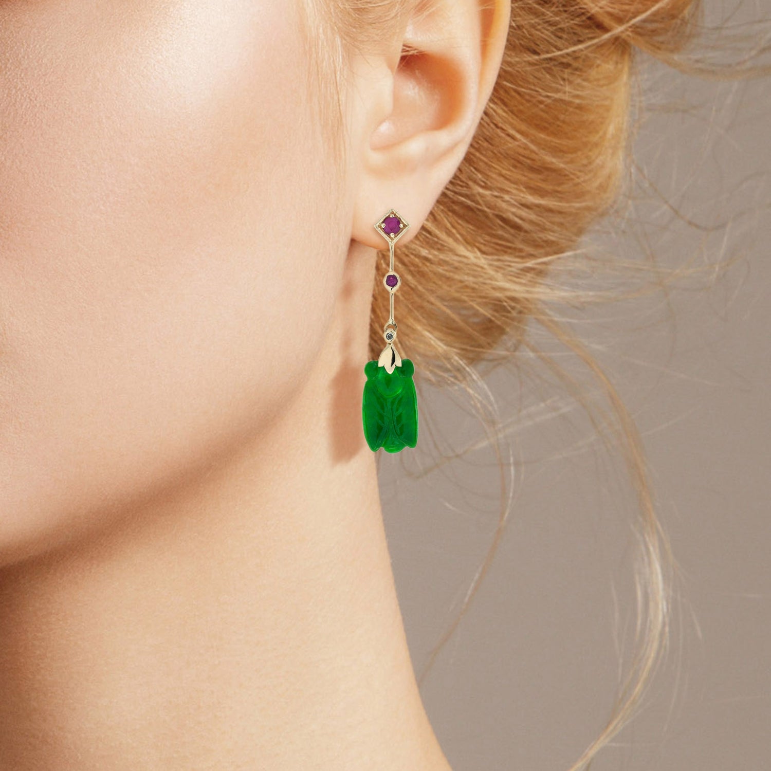 Bee Carved Jade Ruby Diamond Vintage Style Dangle 9K Gold Earrings