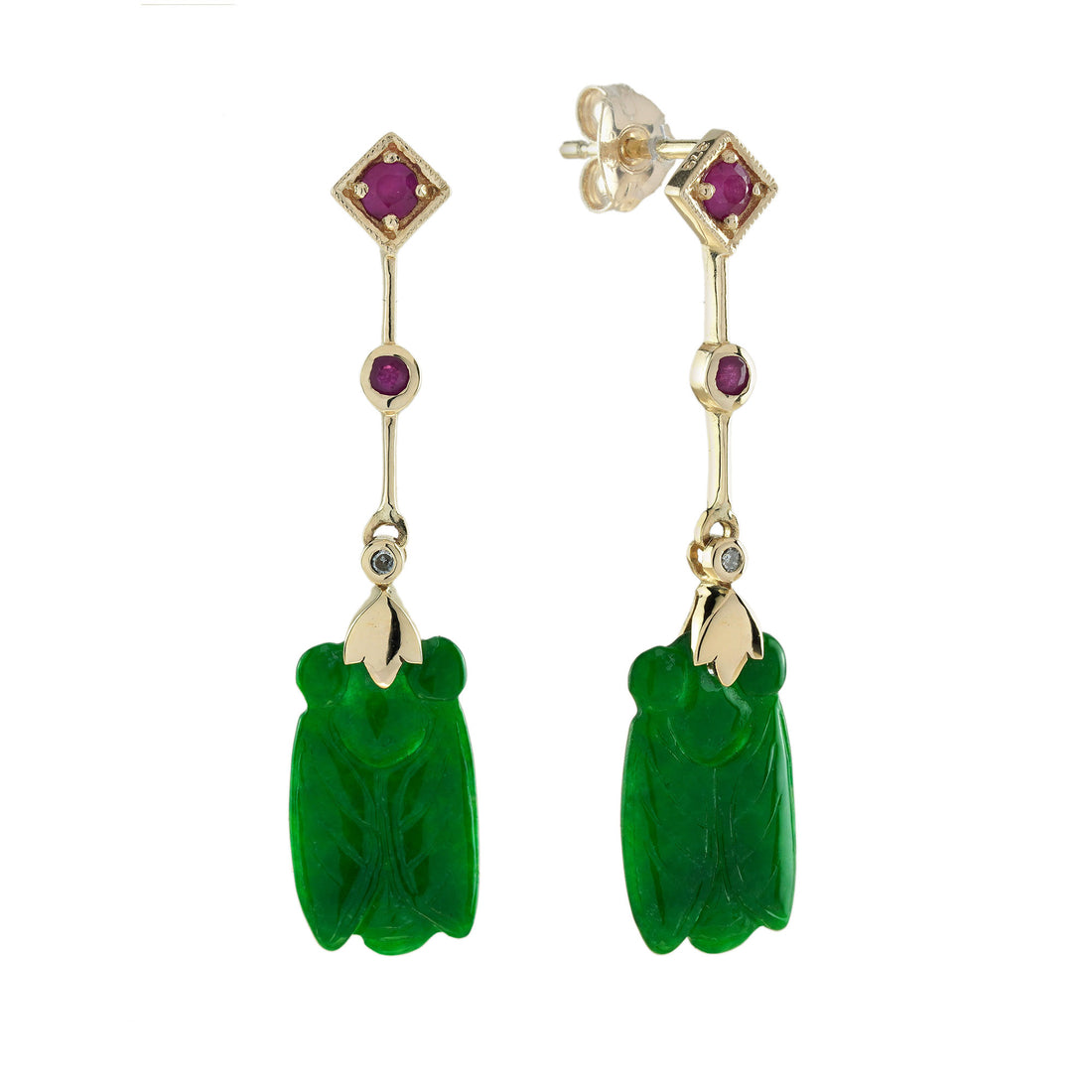 Bee Carved Jade Ruby Diamond Vintage Style Dangle 9K Gold Earrings