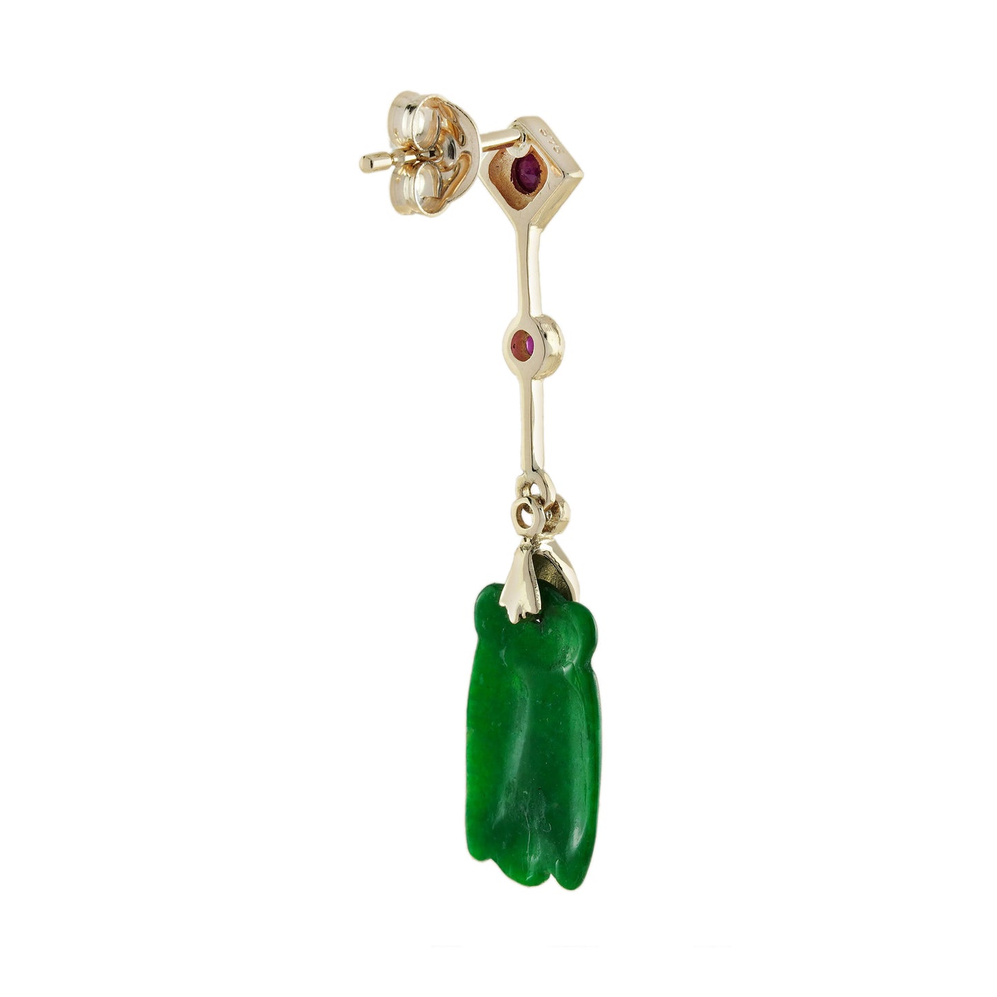 bee carved jade ruby diamond vintage style dangle 9k gold earrings