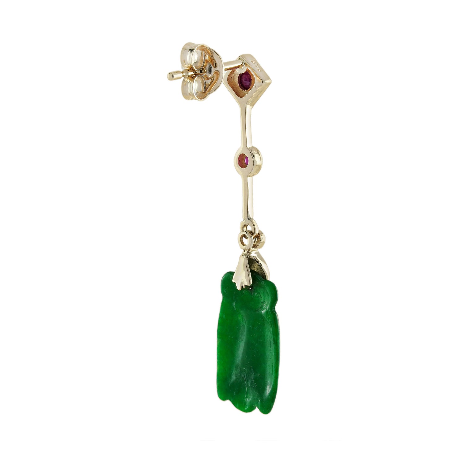 Bee Carved Jade Ruby Diamond Vintage Style Dangle 9K Gold Earrings