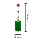Bee Carved Jade Ruby Diamond Vintage Style Dangle 9K Gold Earrings