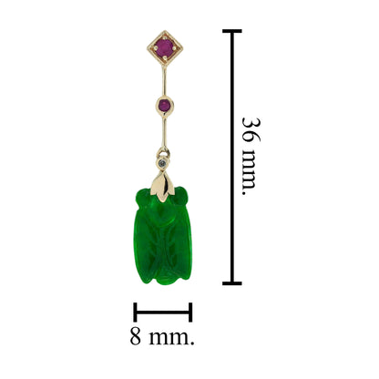 Bee Carved Jade Ruby Diamond Vintage Style Dangle 9K Gold Earrings