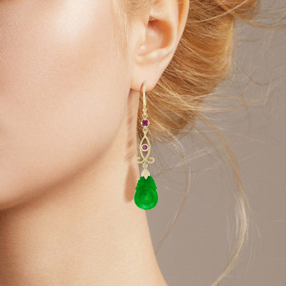 Carved Jade Ruby Diamond Vintage Style Dangle 9K Gold Earrings