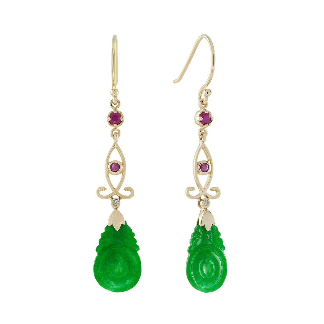 Carved Jade Ruby Diamond Vintage Style Dangle 9K Gold Earrings