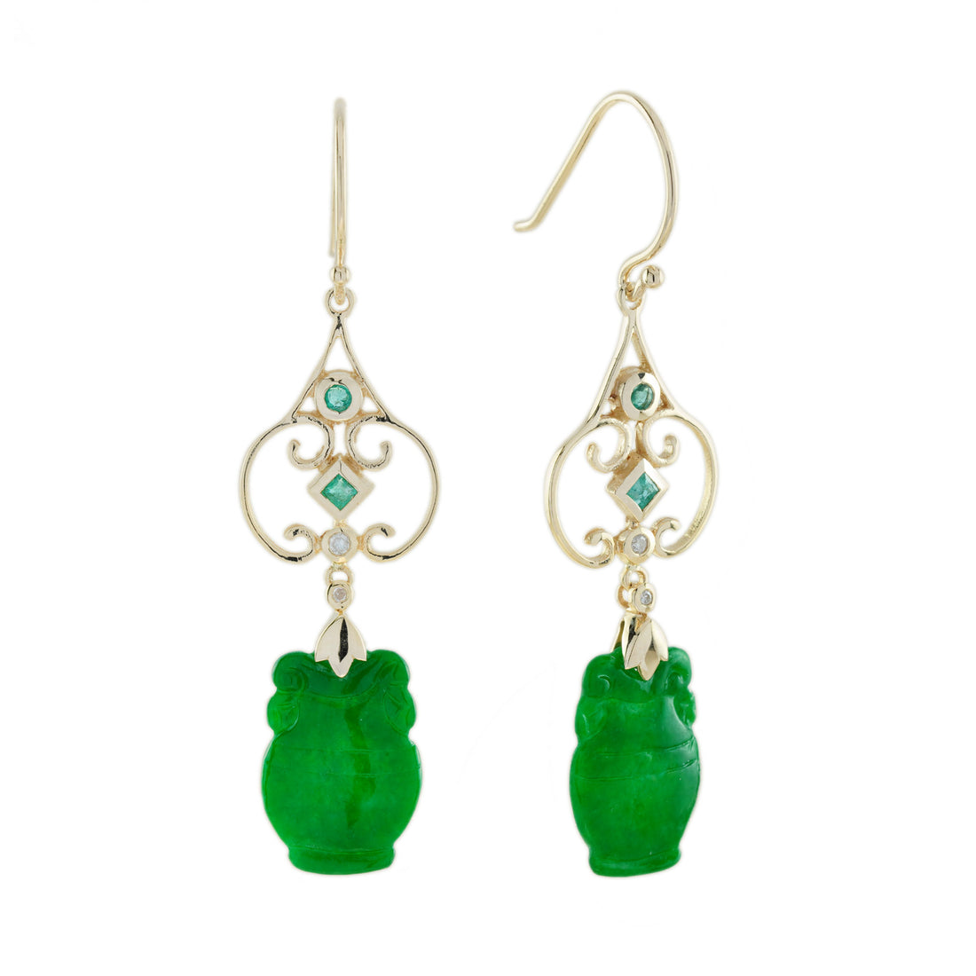 Carved Green Jade & Emerald Diamond Vintage Style Drop Gold Earrings