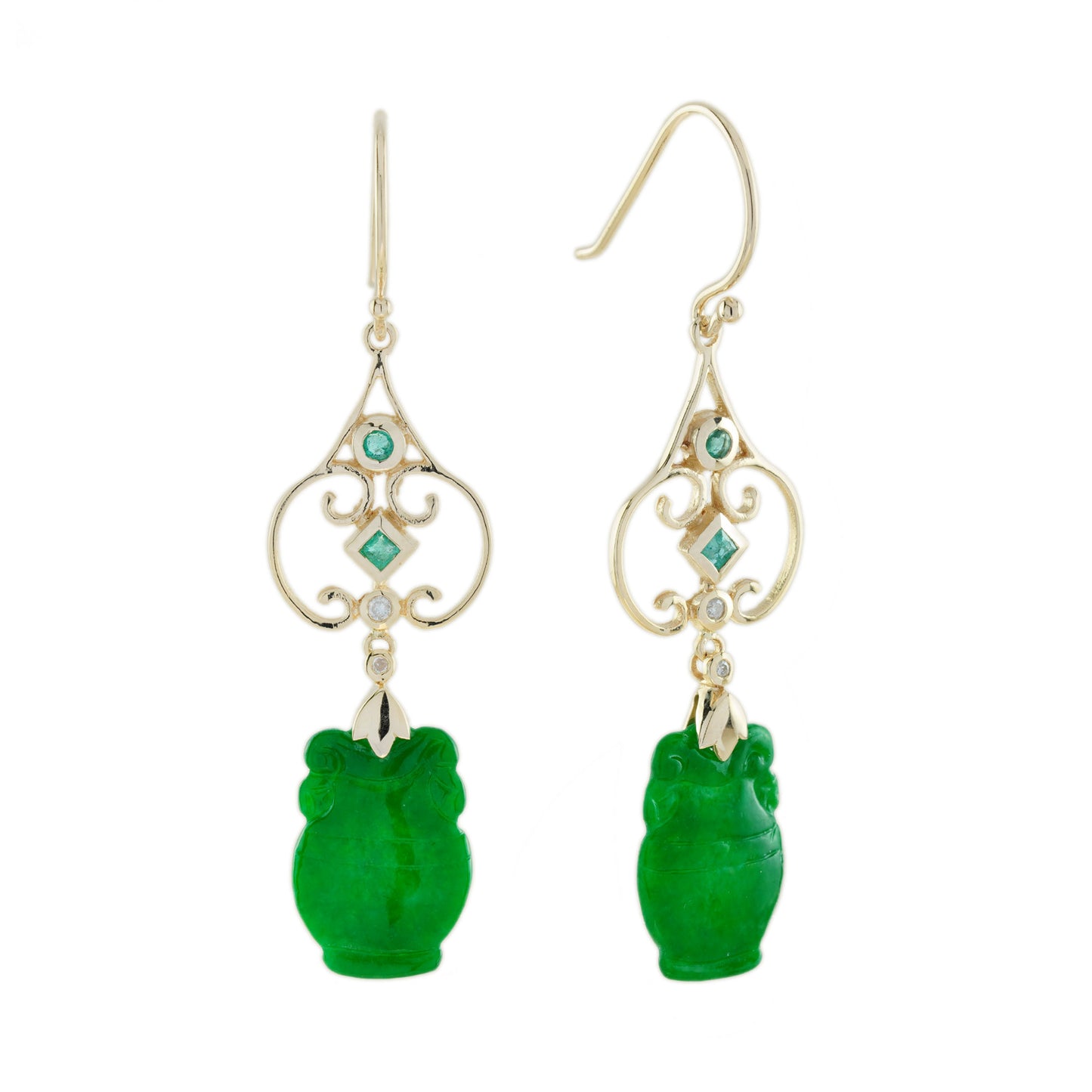 carved green jade & emerald diamond vintage style drop gold earrings