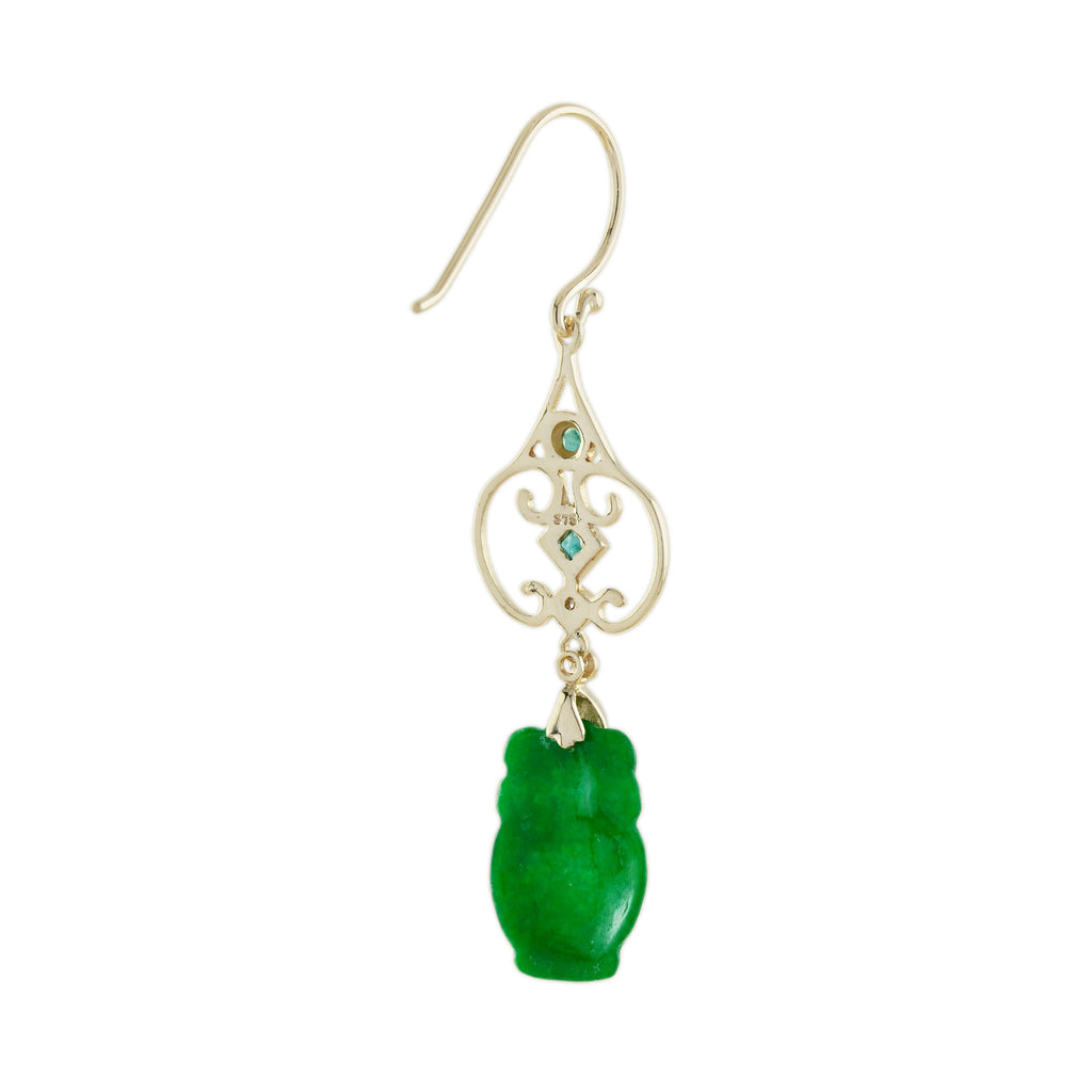 Carved Green Jade & Emerald Diamond Vintage Style Drop Gold Earrings