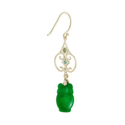 Carved Green Jade & Emerald Diamond Vintage Style Drop Gold Earrings