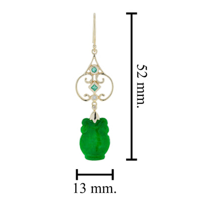 Carved Green Jade & Emerald Diamond Vintage Style Drop Gold Earrings