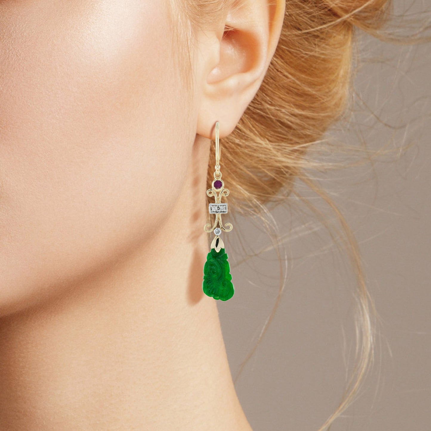 carved jade ruby diamond vintage style dangle 9k yellow gold earrings