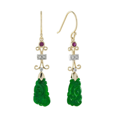 Carved Jade Ruby Diamond Vintage Style Dangle 9K Yellow Gold Earrings