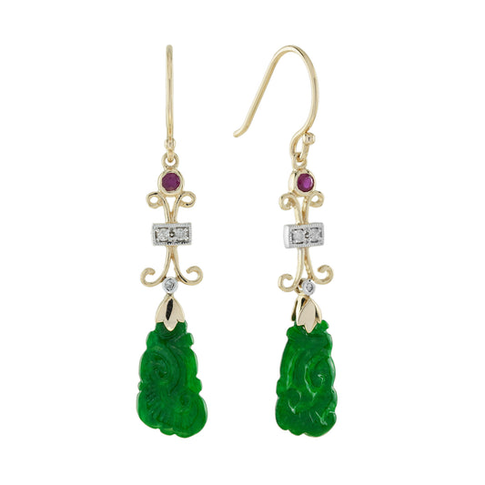 Carved Jade Ruby Diamond Vintage Style Dangle 9K Yellow Gold Earrings