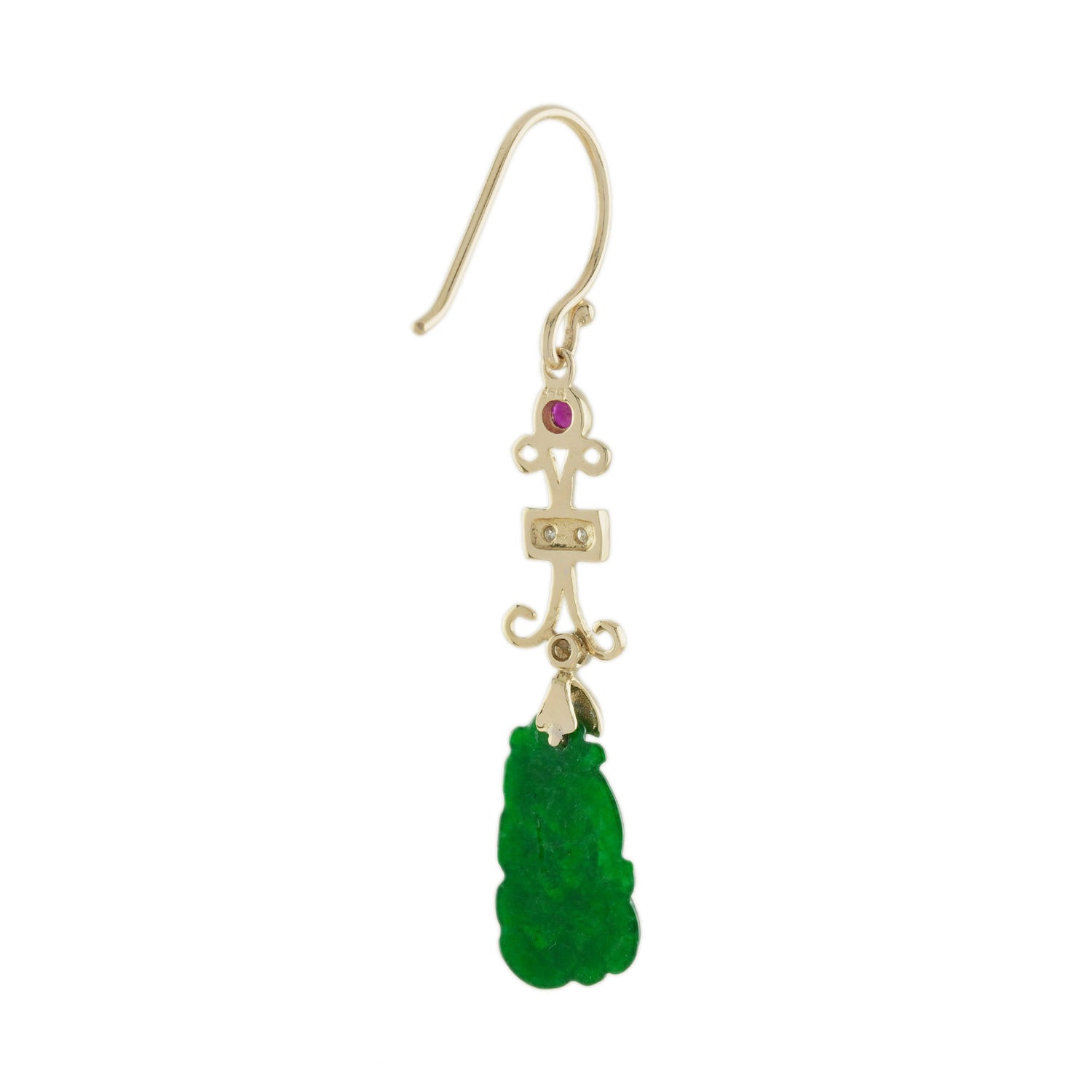 Carved Jade Ruby Diamond Vintage Style Dangle 9K Yellow Gold Earrings