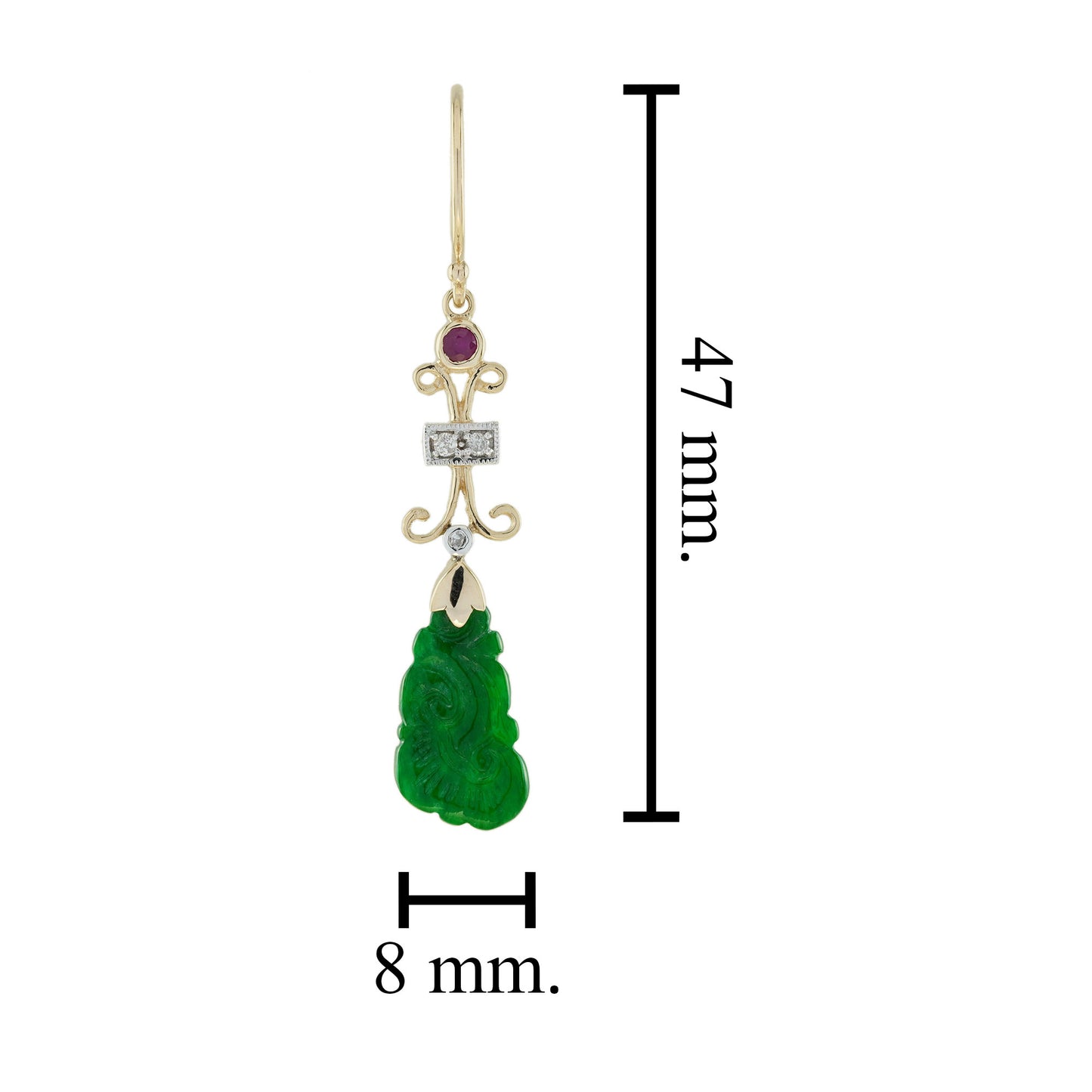 carved jade ruby diamond vintage style dangle 9k yellow gold earrings