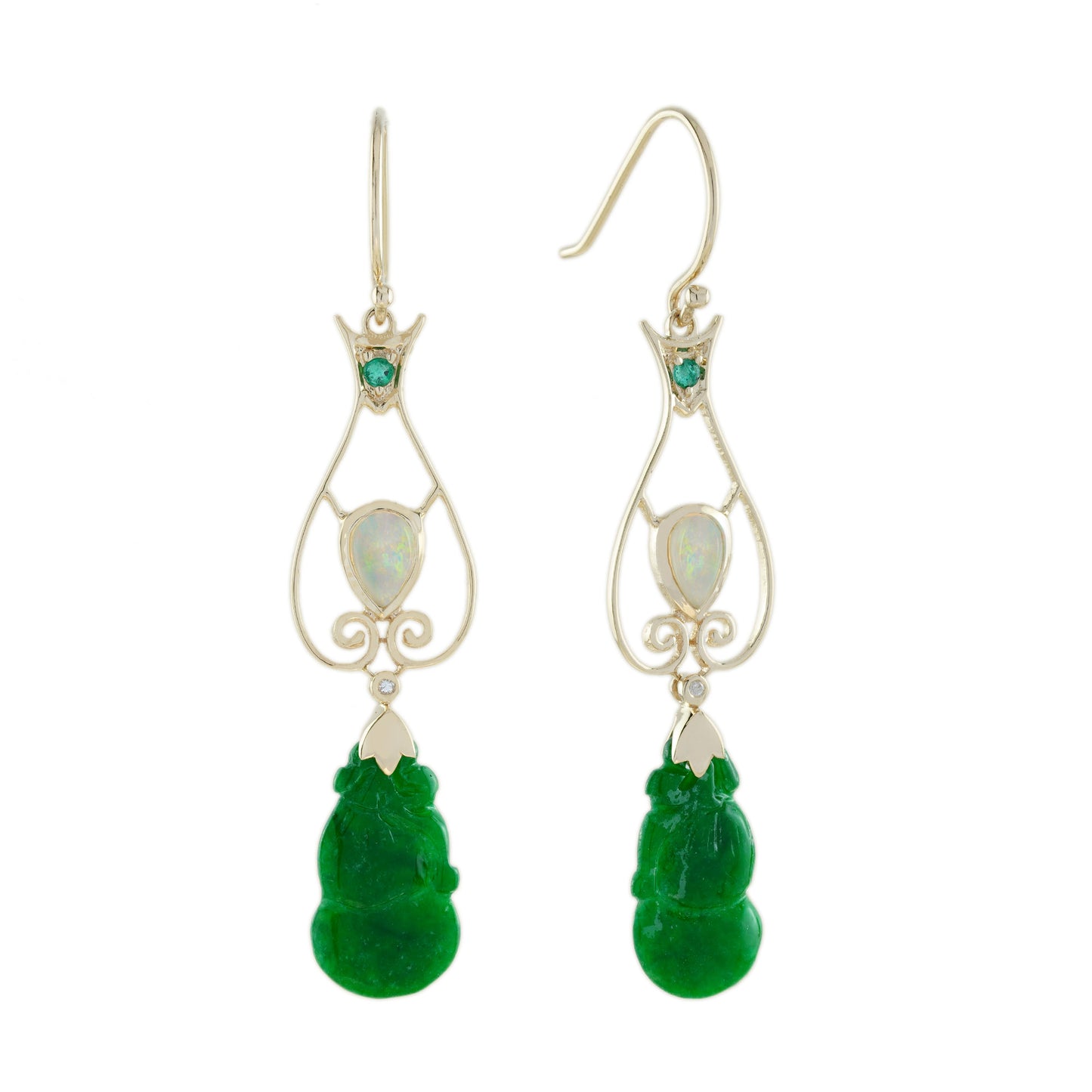 carved green jade & opal emerald and diamond vintage style drop gold earrings