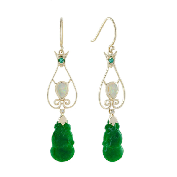 4.64 Ctw Vintage Style Jade, Emerald & Diamond 9K White Gold Lever Back Earrings