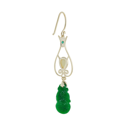 Carved Green Jade & Opal Emerald and Diamond Vintage Style Drop Gold Earrings