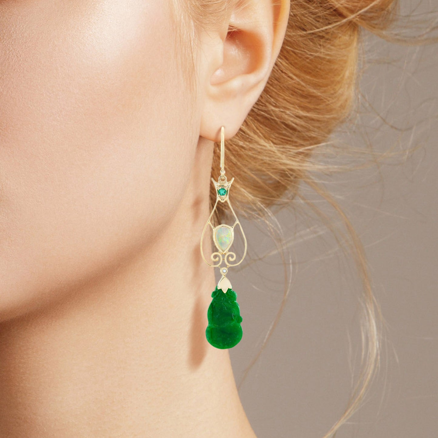 carved green jade & opal emerald and diamond vintage style drop gold earrings