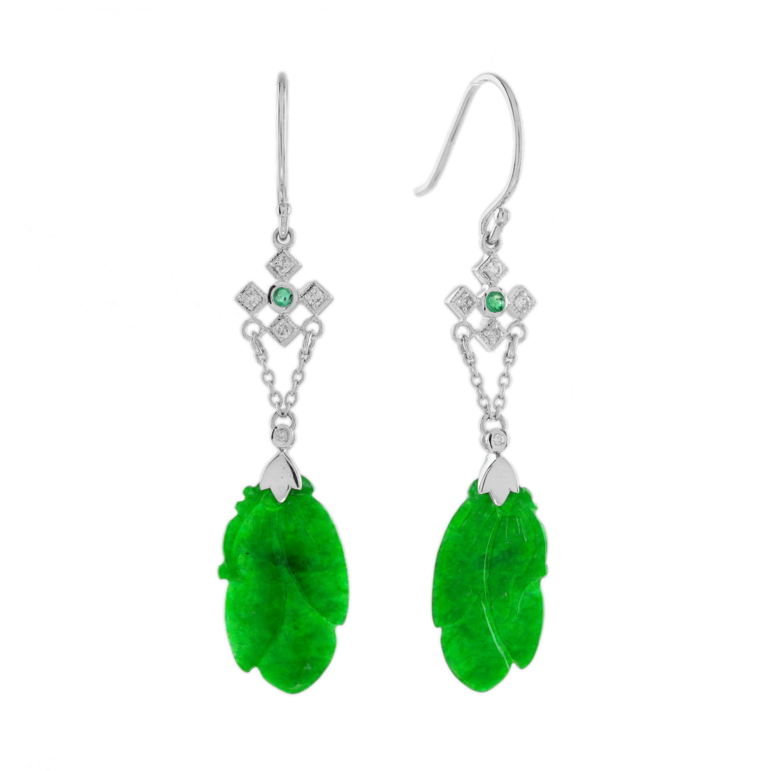 Carved Green Jade & Emerald and Diamond Vintage Style Drop Gold Earrings