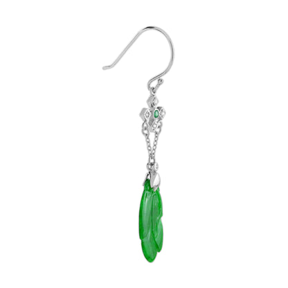 Carved Green Jade & Emerald and Diamond Vintage Style Drop Gold Earrings