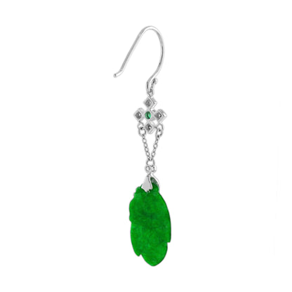Carved Green Jade & Emerald and Diamond Vintage Style Drop Gold Earrings