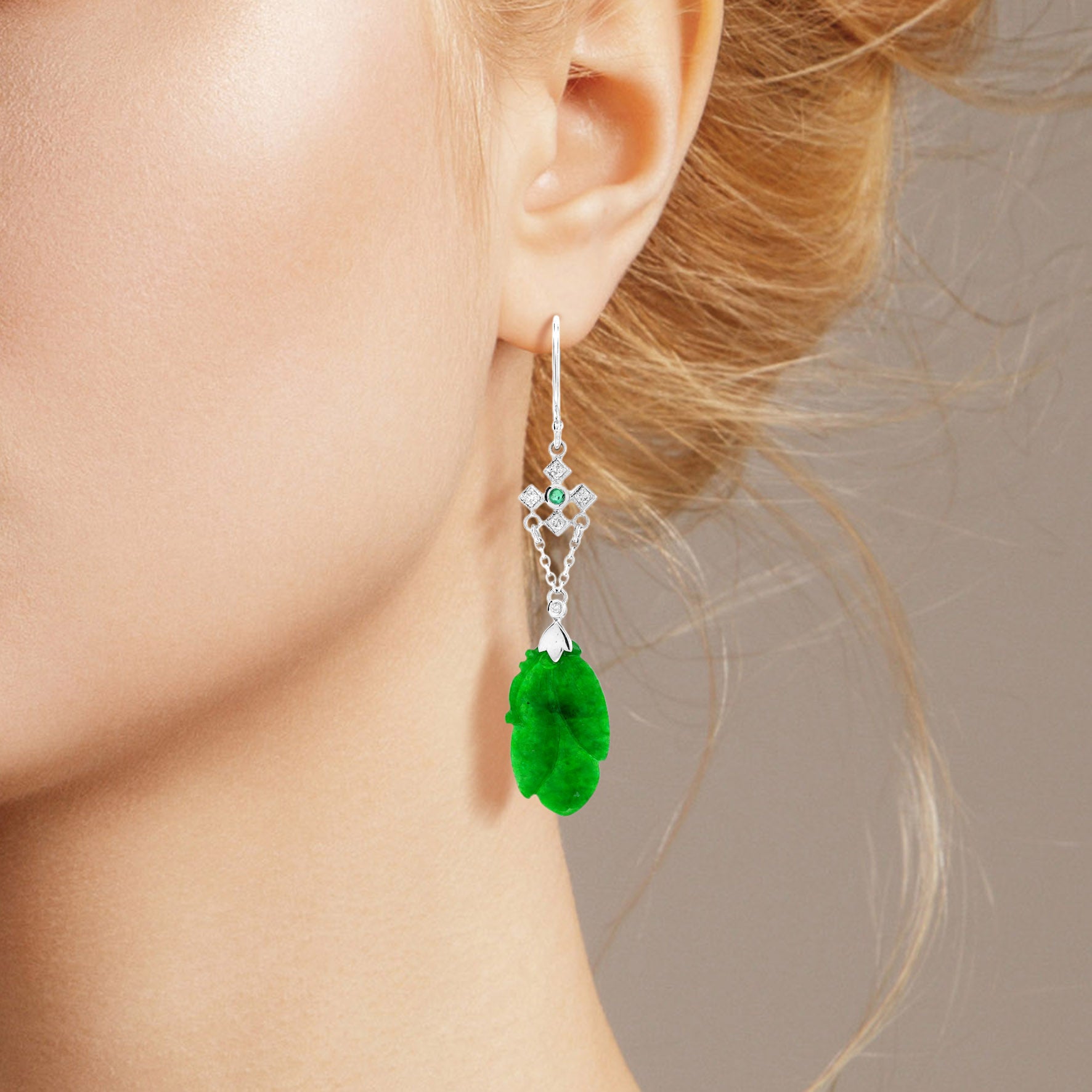 Carved Green Jade & Emerald and Diamond Vintage Style Drop Gold Earrings