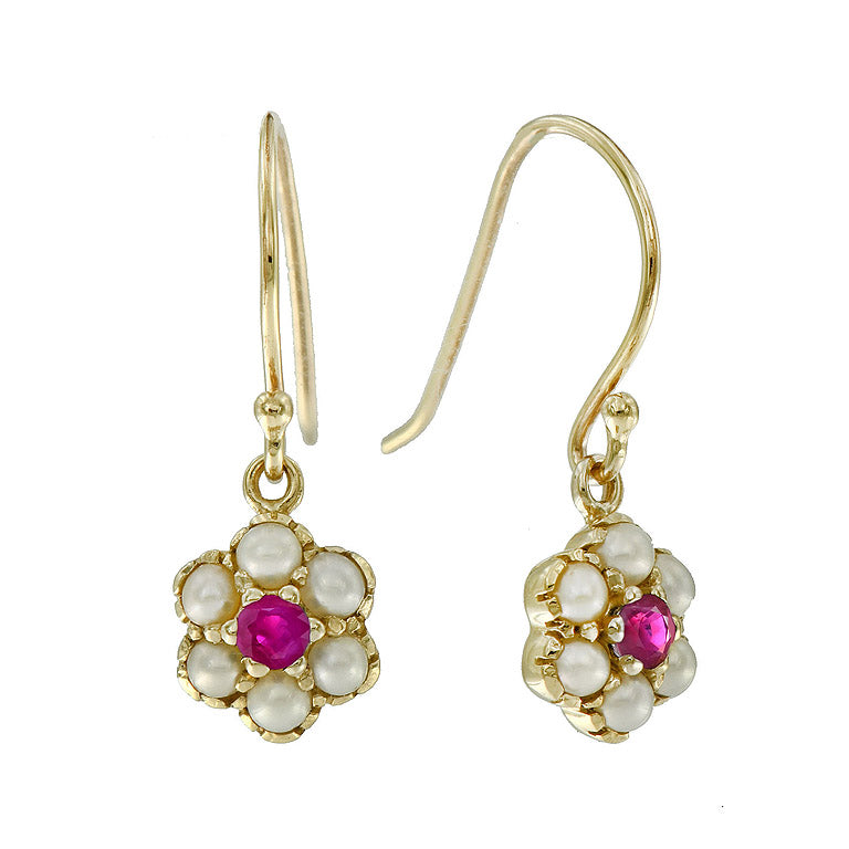 Ruby & White Pearl Vintage Style Drop Hook 14K Yellow Gold Earrings