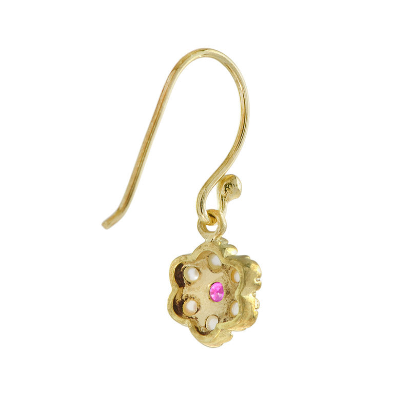 Ruby & White Pearl Vintage Style Drop Hook 14K Yellow Gold Earrings