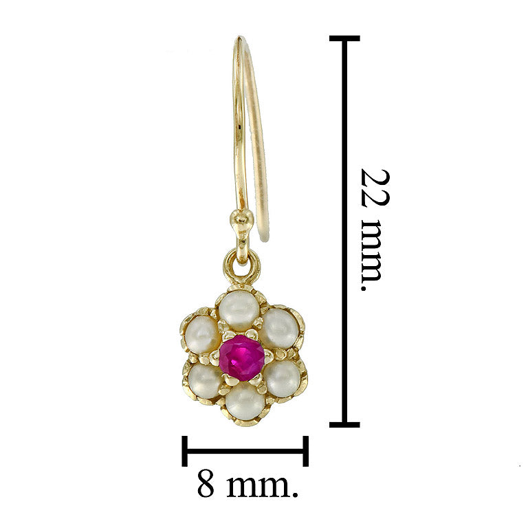 Ruby & White Pearl Vintage Style Drop Hook 14K Yellow Gold Earrings