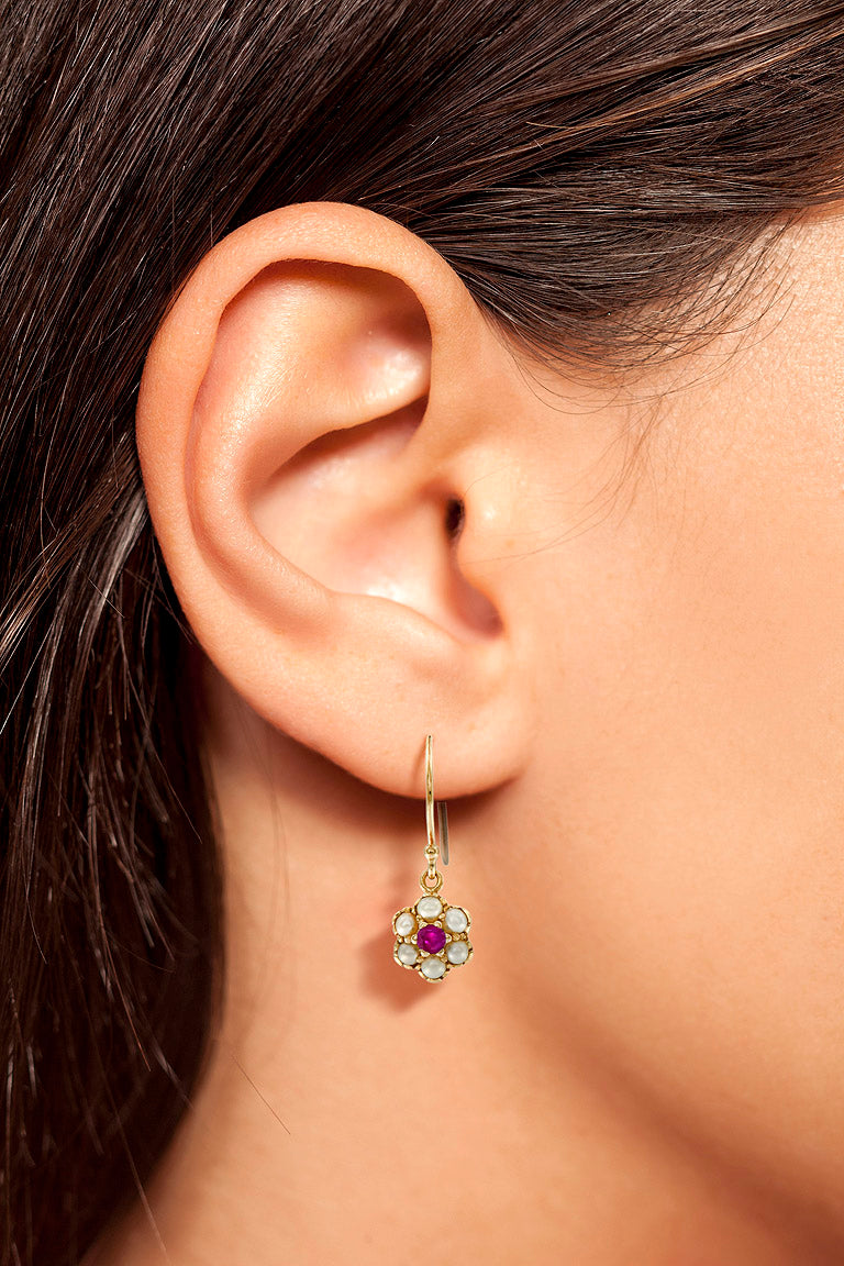 Ruby & White Pearl Vintage Style Drop Hook 14K Yellow Gold Earrings