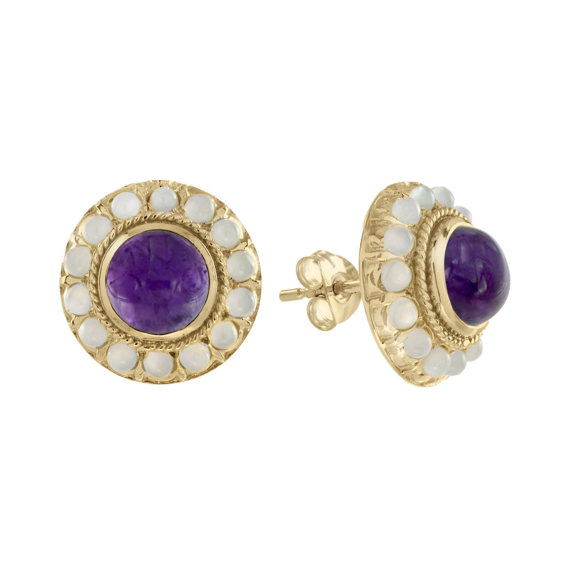 Cabochon Amethyst & Moonstone Halo Set 14K Yellow Gold Stud Earrings
