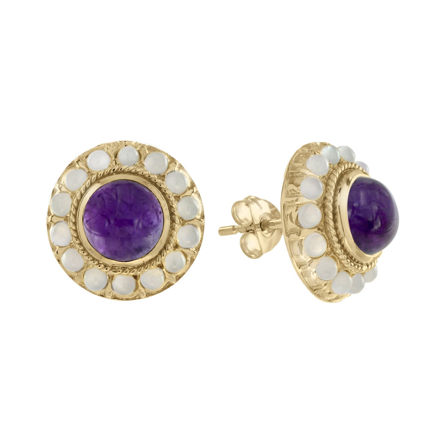 cabochon amethyst & moonstone halo set 14k yellow gold stud earrings
