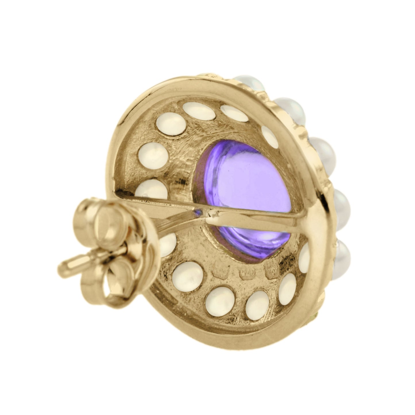 cabochon amethyst & moonstone halo set 14k yellow gold stud earrings