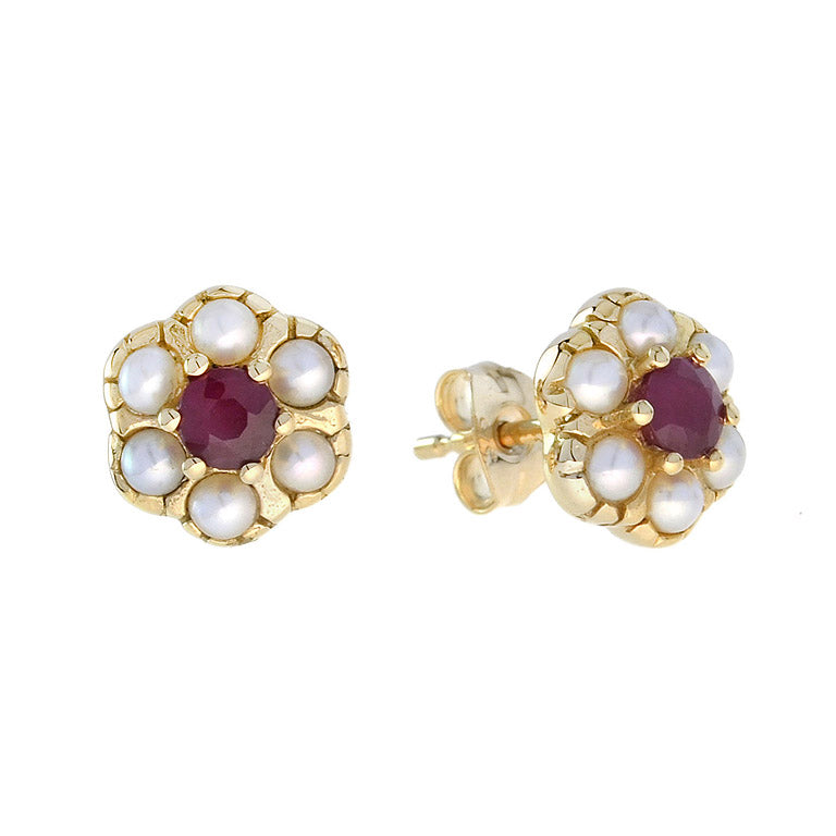 Ruby & White Pearl Vintage Style Drop Hook 14K Yellow Gold Stud Earrings
